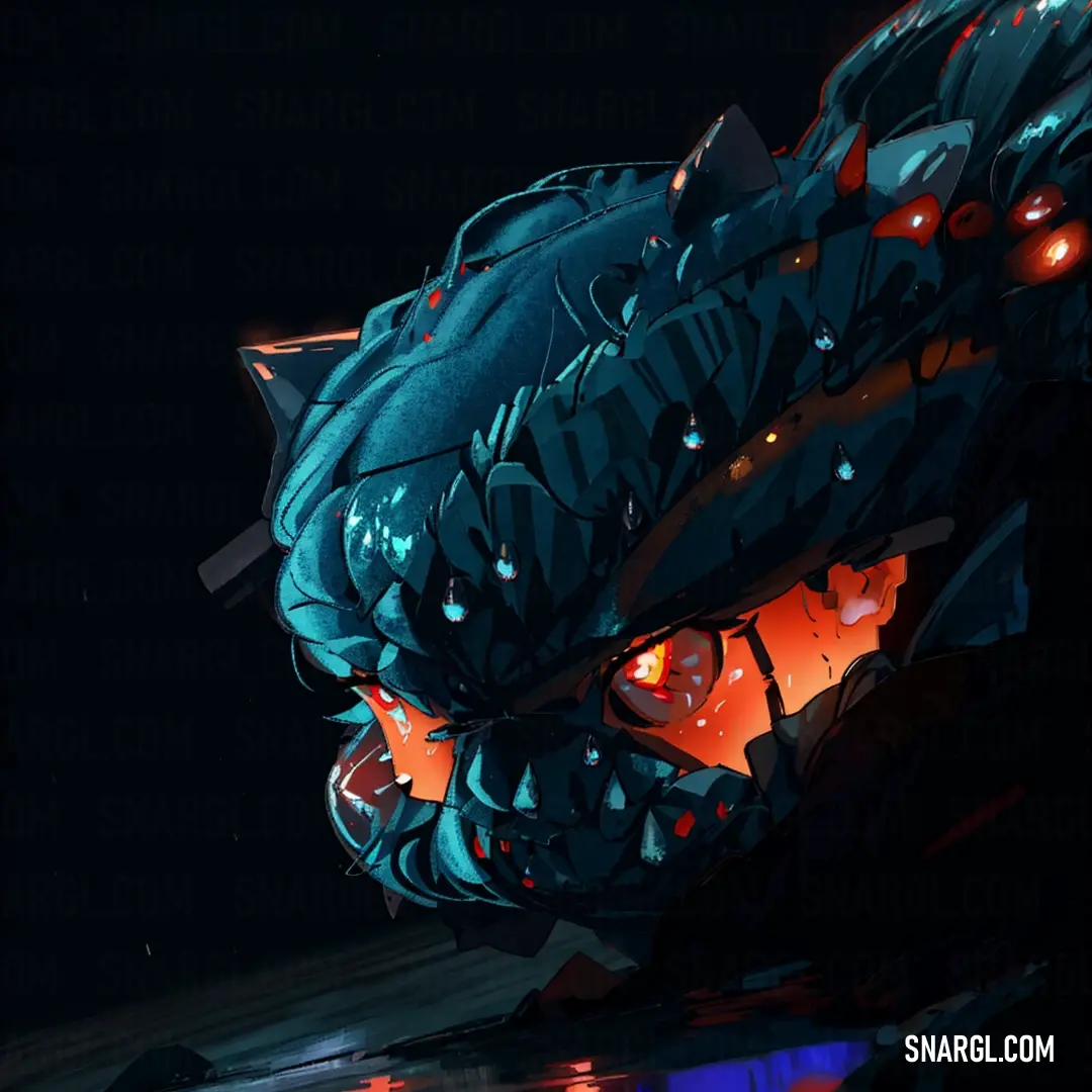 Dragon with glowing eyes and a large head with spikes on it's head, with a black background. Example of RGB 0,77,88 color.