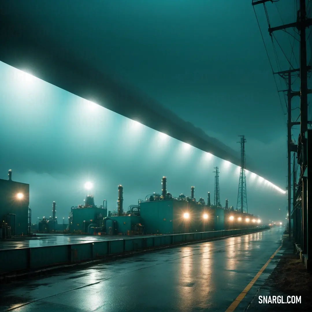 Train traveling down a train track next to a factory building at night time with lights on the top of the train