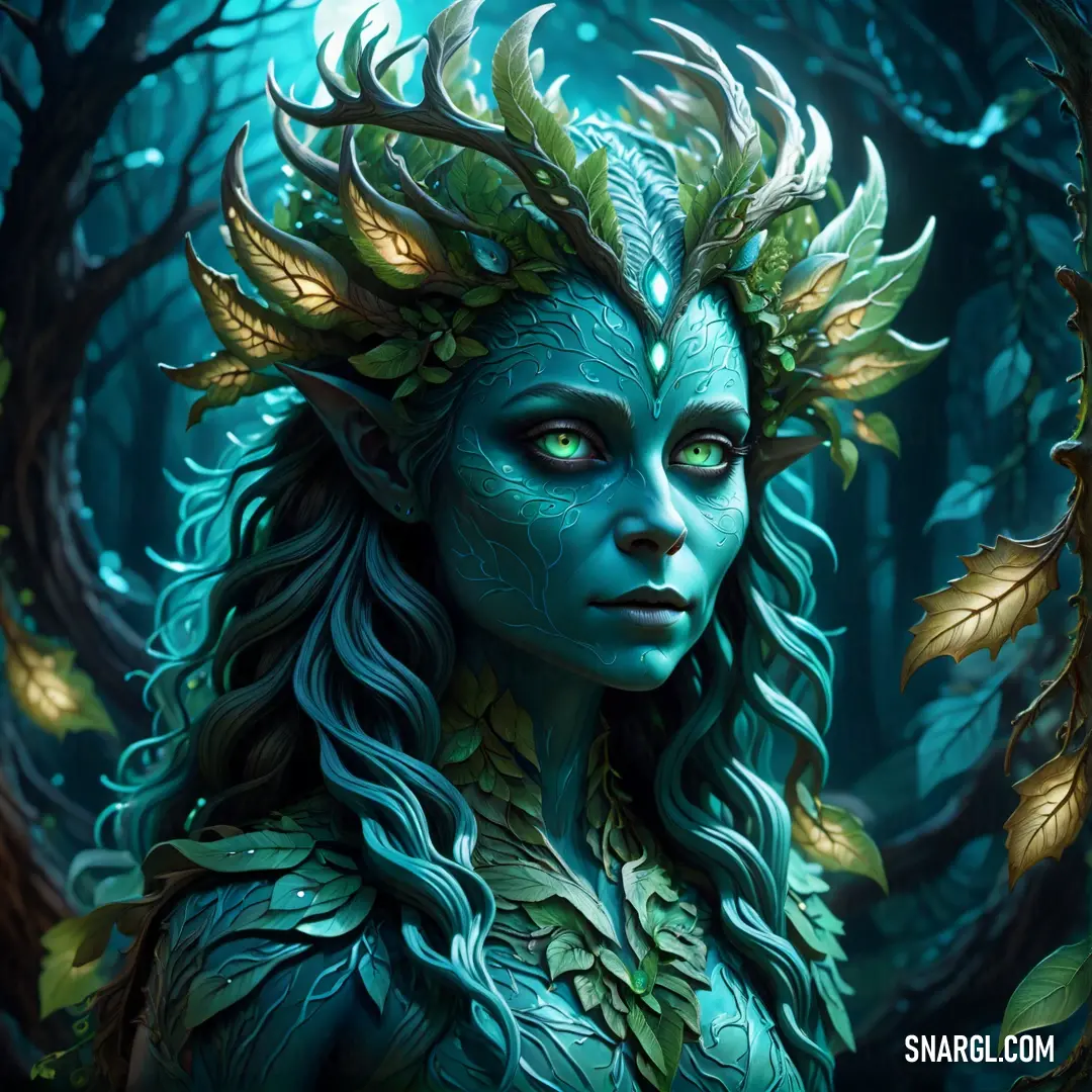 Woman with green hair and leaves on her head in a forest with trees and leaves on her head. Example of PANTONE 3165 color.
