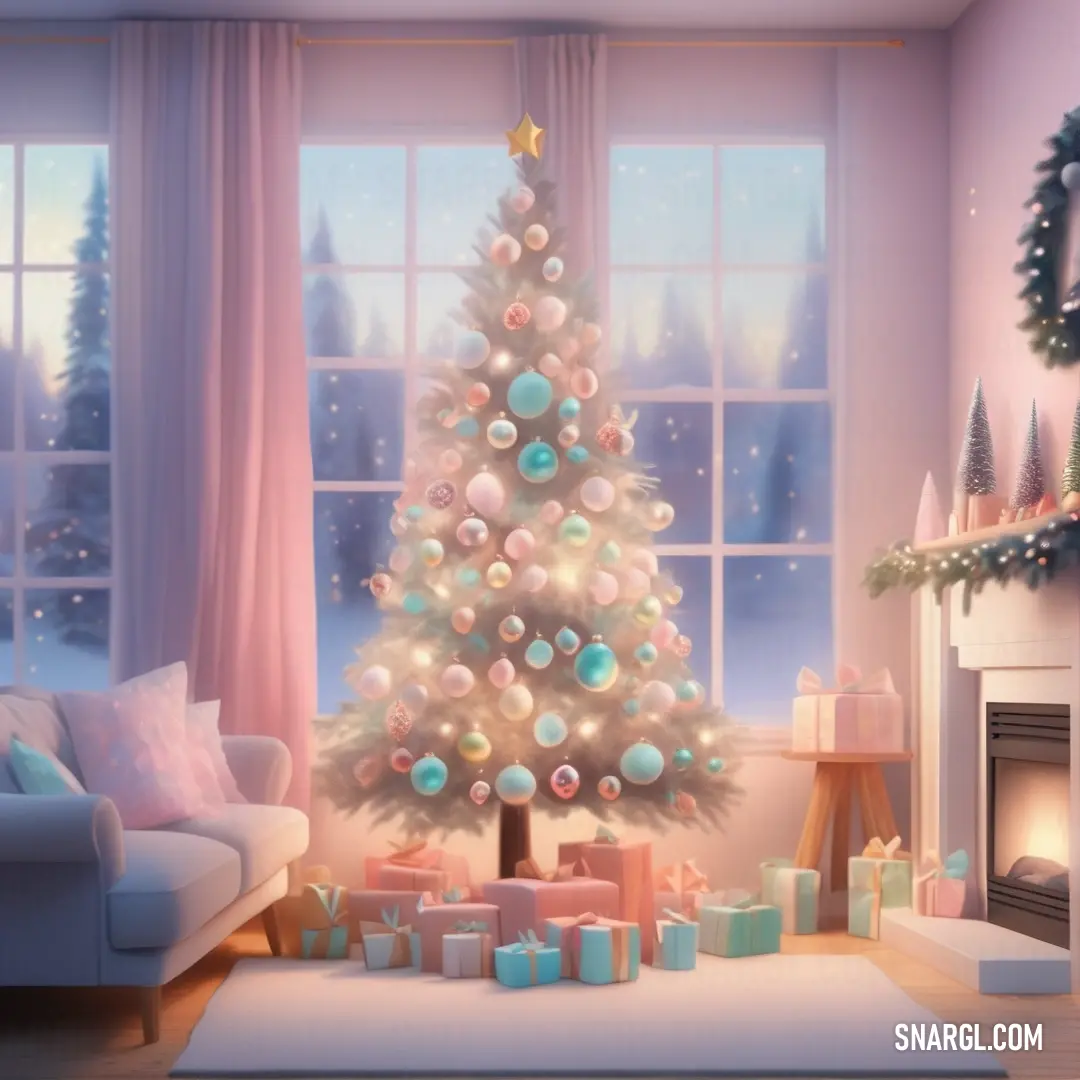 PANTONE 317 color example: Christmas tree in a living room with presents under it and a fireplace in the background