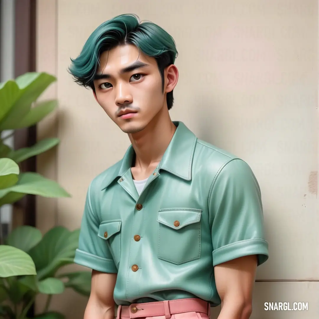 PANTONE 317 color example: Man with green hair and a green shirt is standing next to a plant and a potted plant