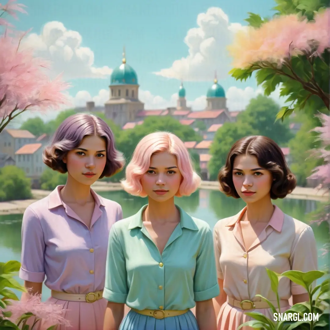 Three women standing next to each other in front of a lake and a city with pink flowers in the background. Example of #C4E1DE color.