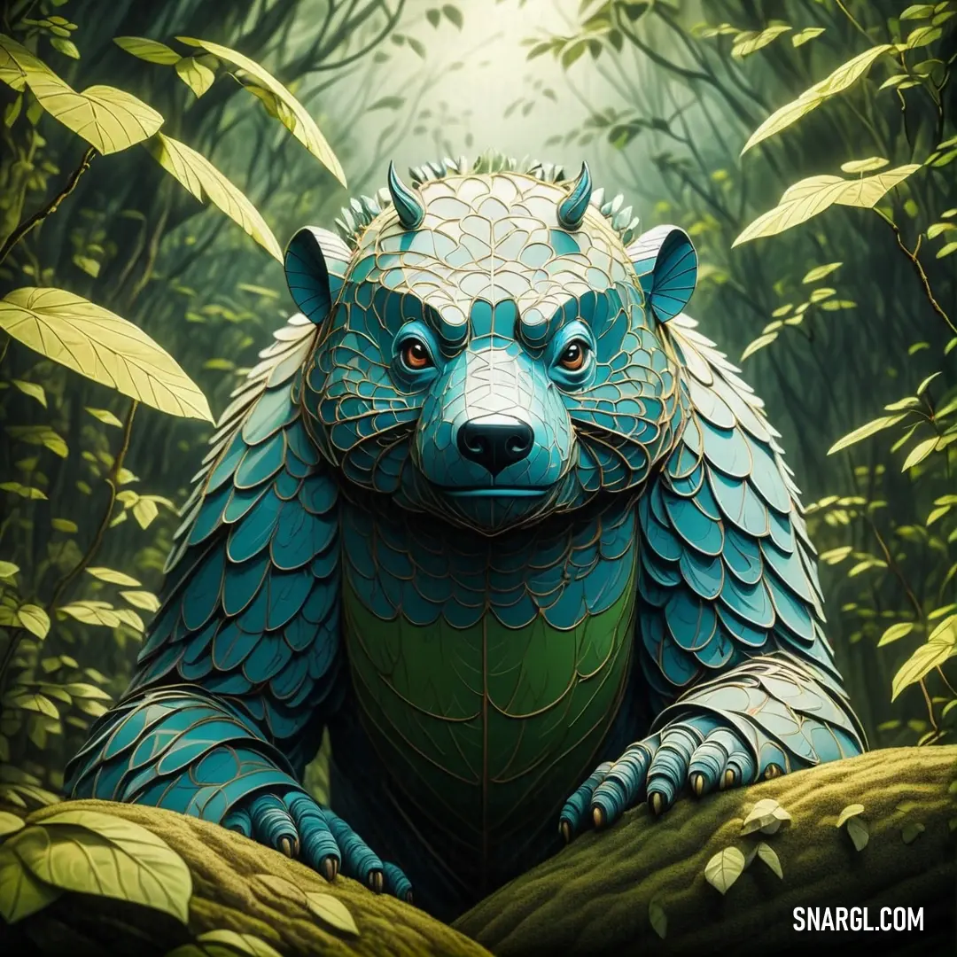 PANTONE 318 color example: Blue bear statue in the middle of a forest of green plants and trees with leaves on the ground