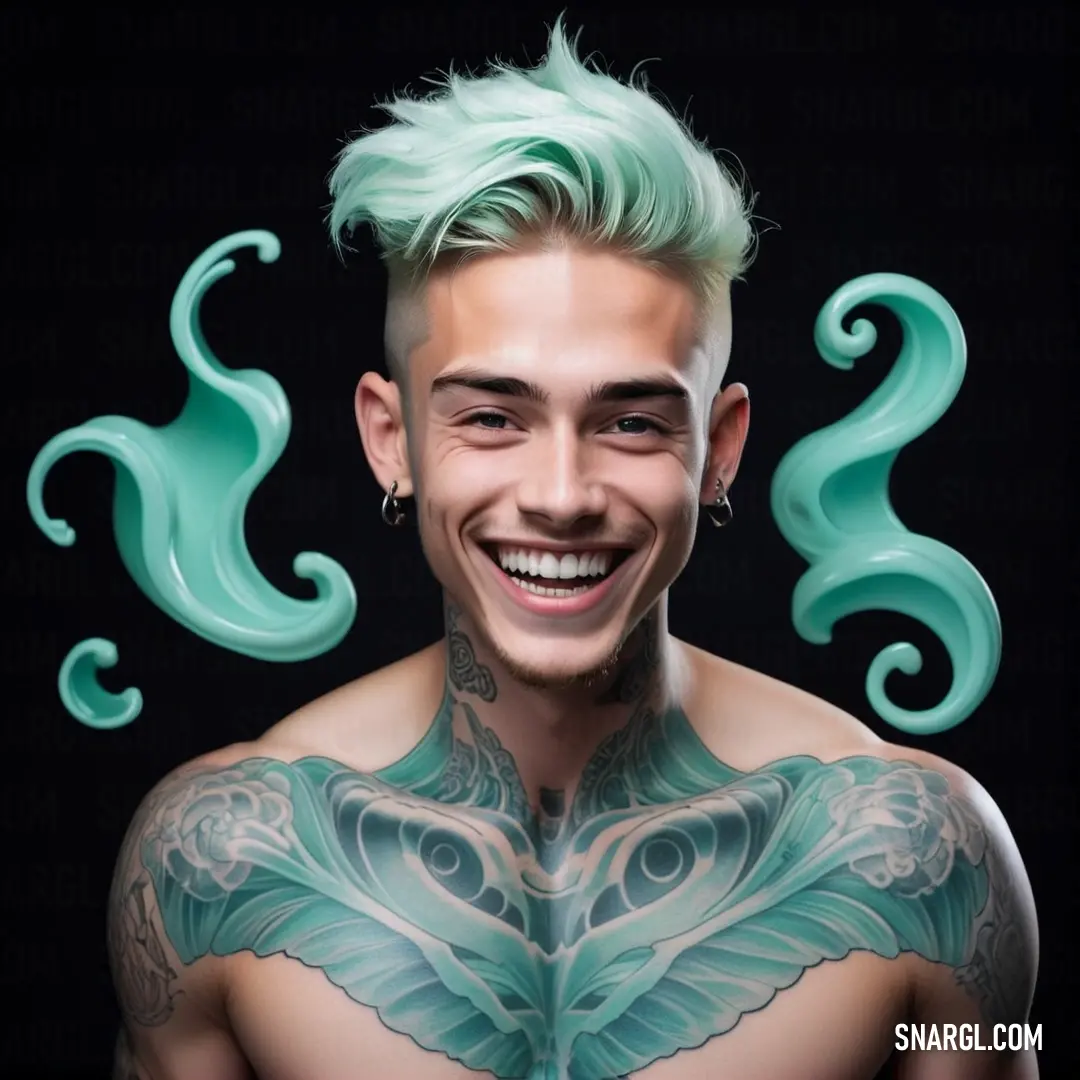 Man with green hair and tattoos on his chest and chest. Example of CMYK 59,0,22,0 color.