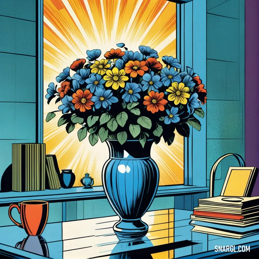 Vase of flowers on a table next to a window with a sunburst in the background. Color CMYK 59,0,22,0.