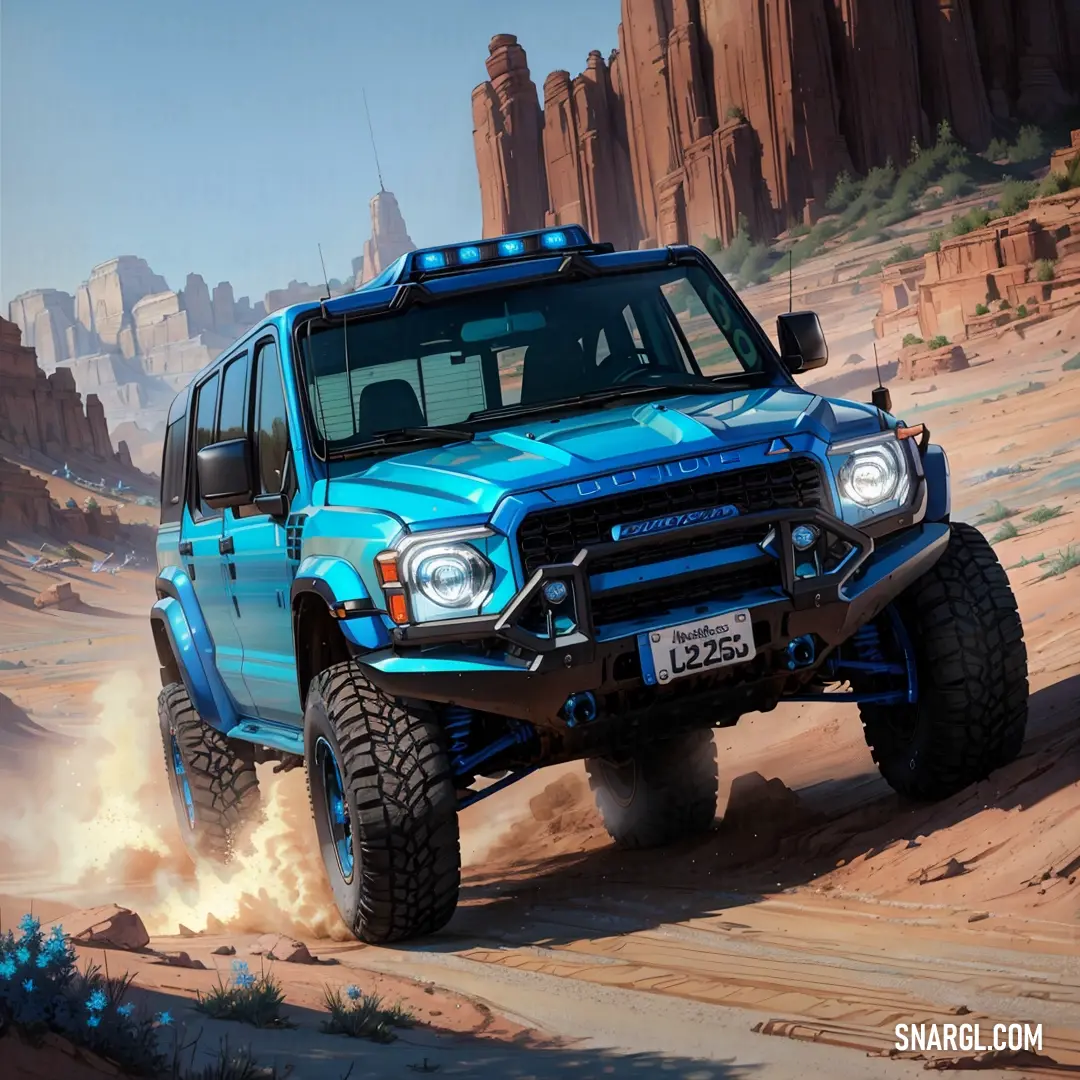 Blue truck driving through a desert area with rocks and sand in the background