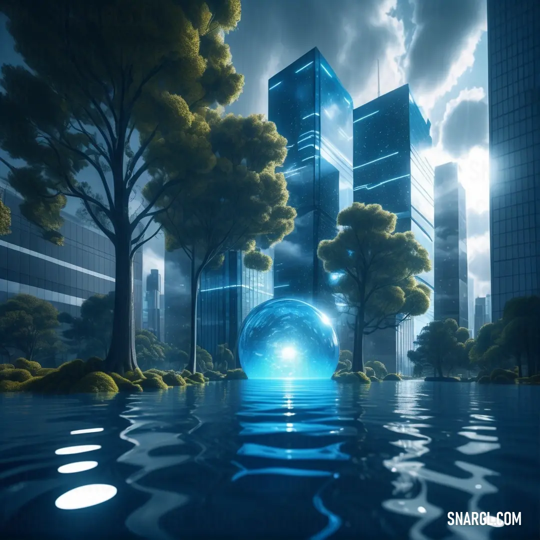 Futuristic city with a futuristic light at the end of the tunnel in the water with trees and bushes. Example of CMYK 96,0,31,2 color.