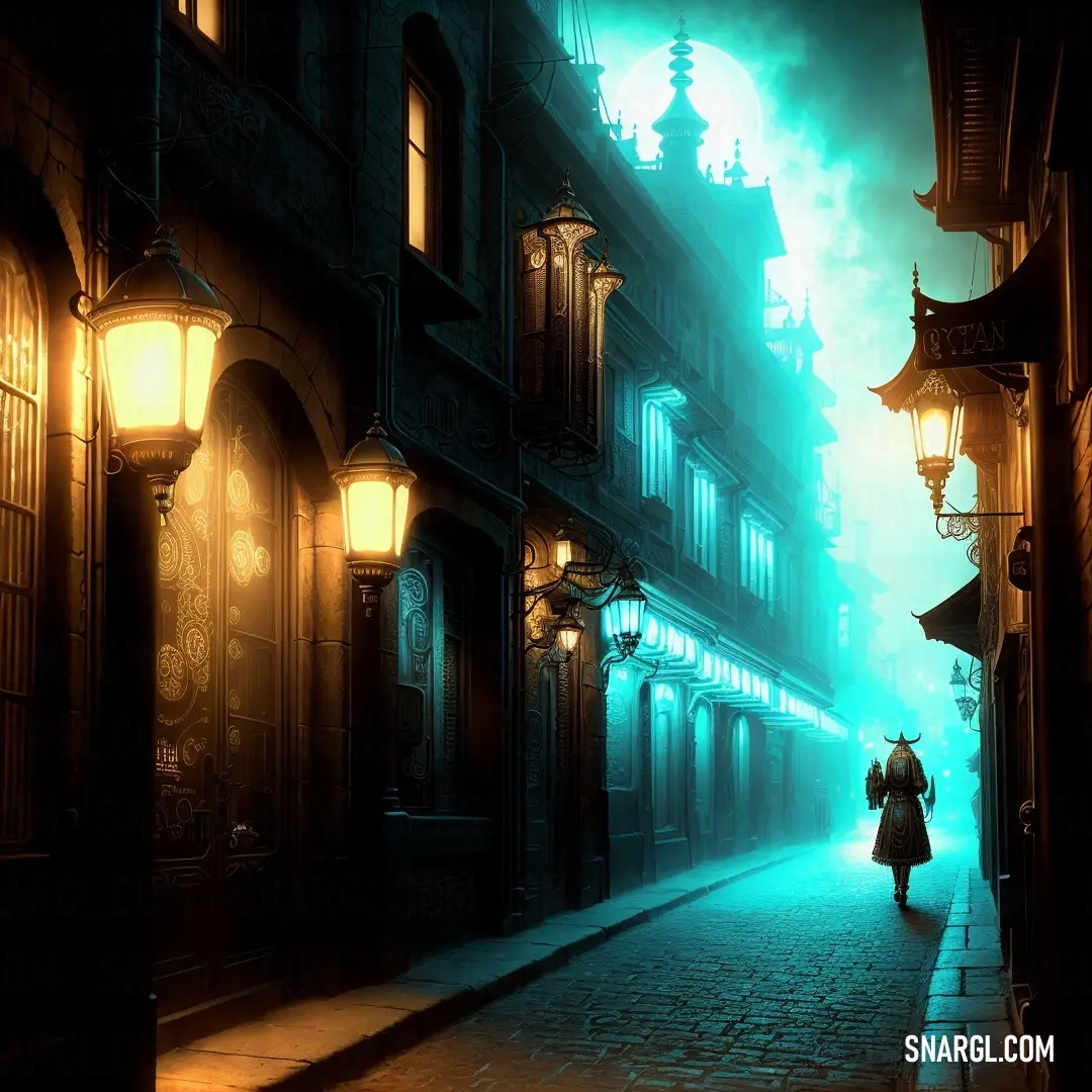 Man walking down a street in a dark city at night with a lantern on the side of the street. Color CMYK 96,0,31,2.