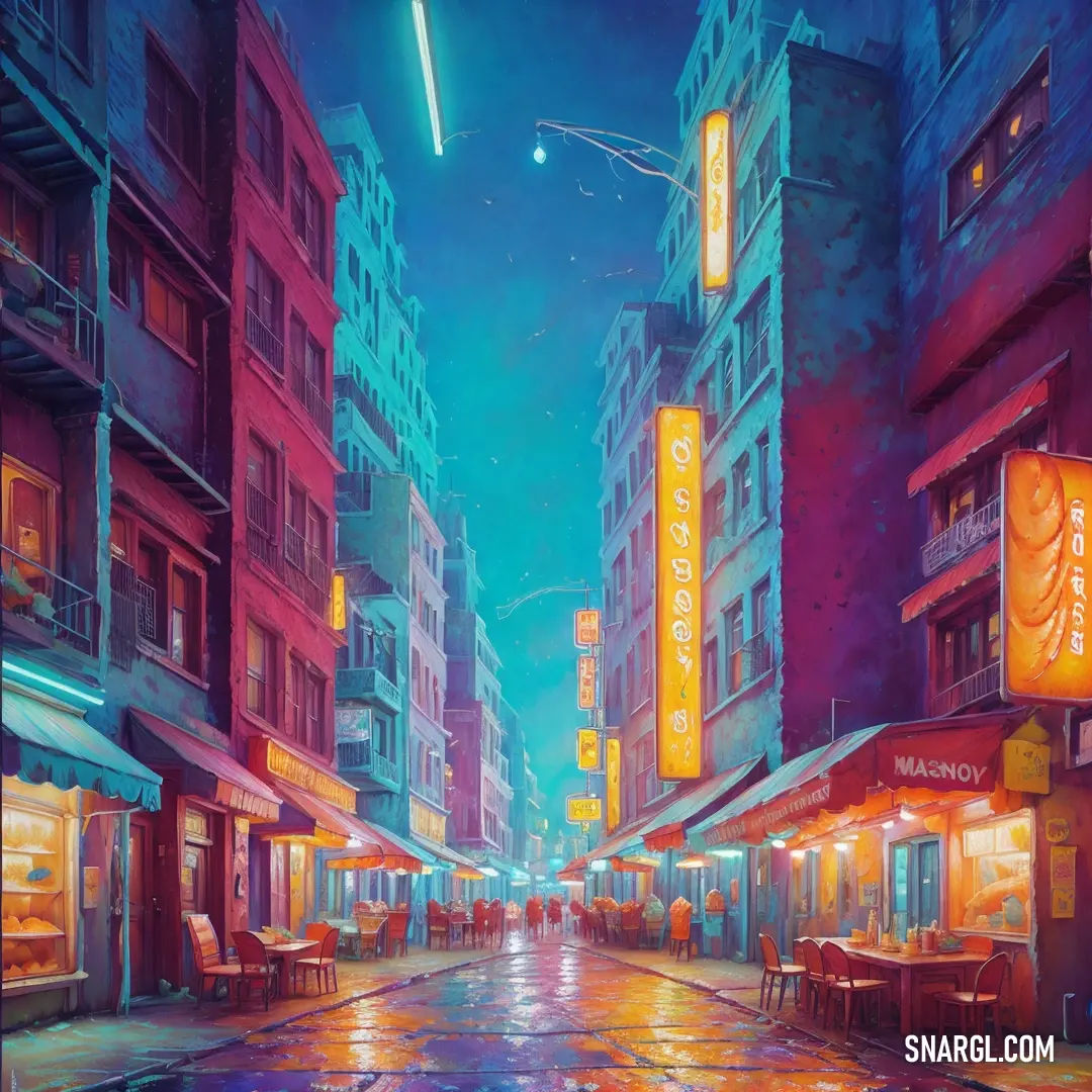 Painting of a city street at night with neon lights and buildings on either side of the street