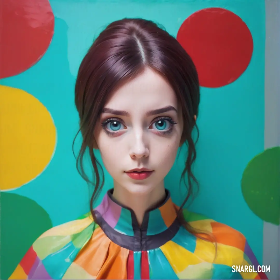 Woman with blue eyes and a colorful shirt on a blue background with circles around her head