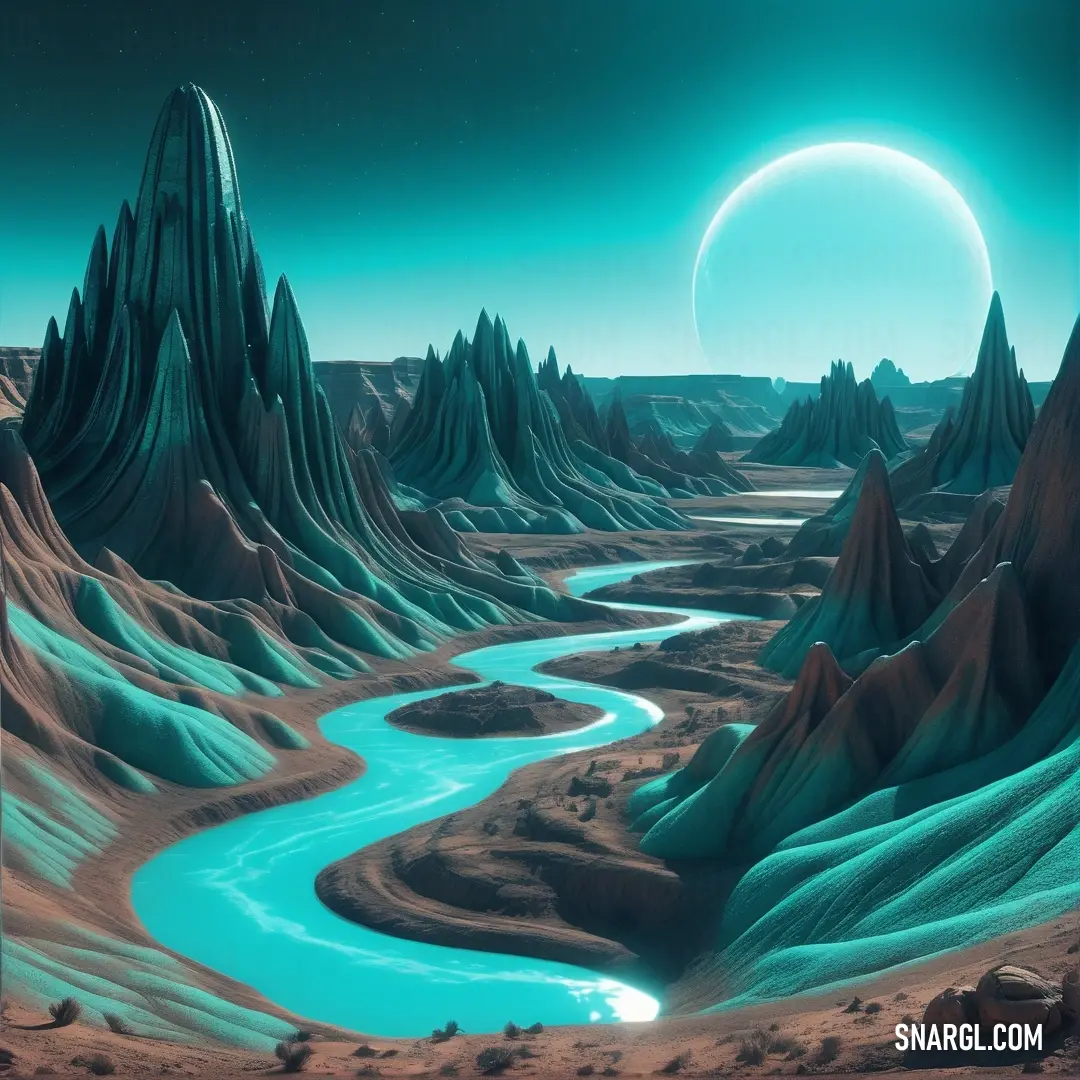 Painting of a river surrounded by mountains and a moon in the sky above it is a blue river surrounded by mountains