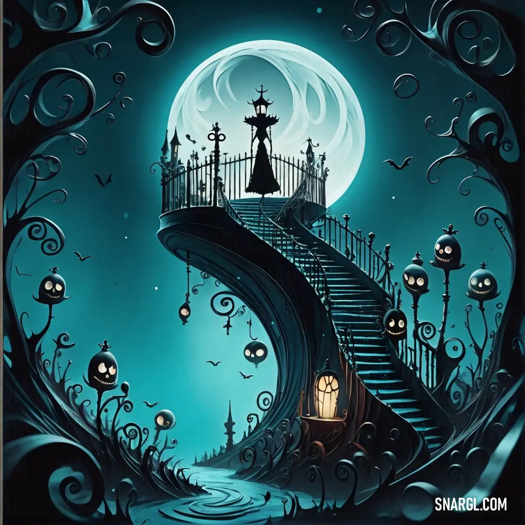 Painting of a staircase leading to a cemetery with a full moon in the background. Color CMYK 96,3,35,12.