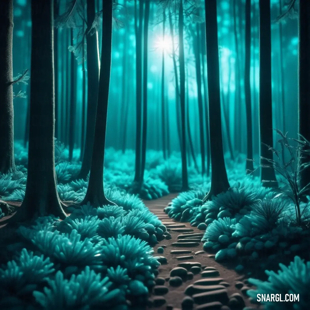 Path through a forest with blue flowers and trees in the background. Color RGB 0,146,150.