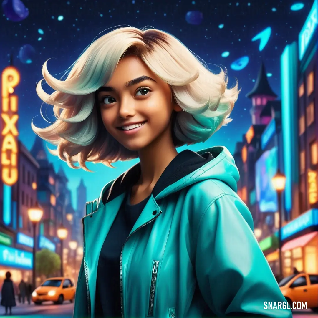 Woman in a blue jacket standing in front of a neon city at night with a neon sign in the background. Example of #009296 color.