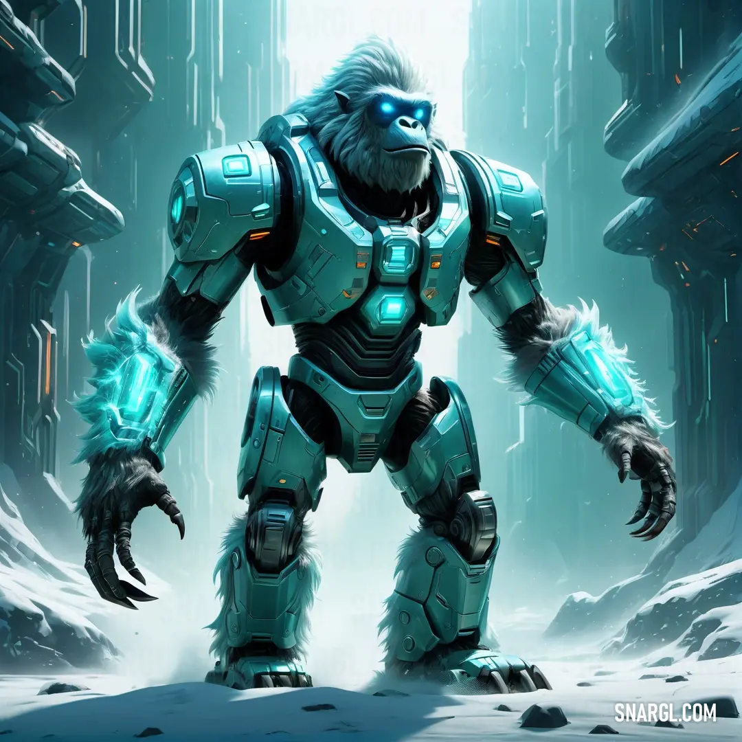 Big furry creature standing in a snowy area with a huge robot like creature on his back and a glowing eye. Color RGB 0,122,123.