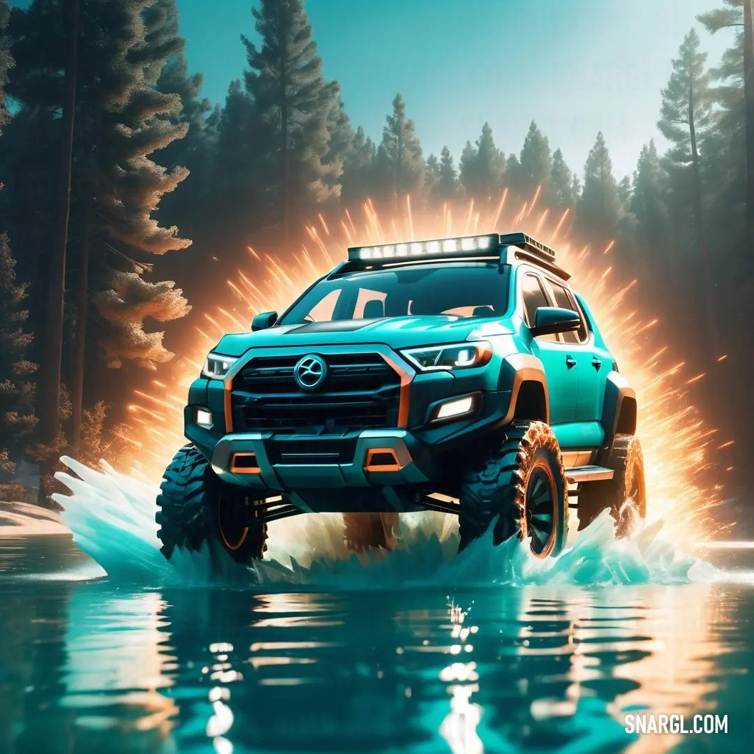 Blue truck driving through a lake surrounded by trees and water with bright lights on top of it's tires. Example of RGB 0,122,123 color.