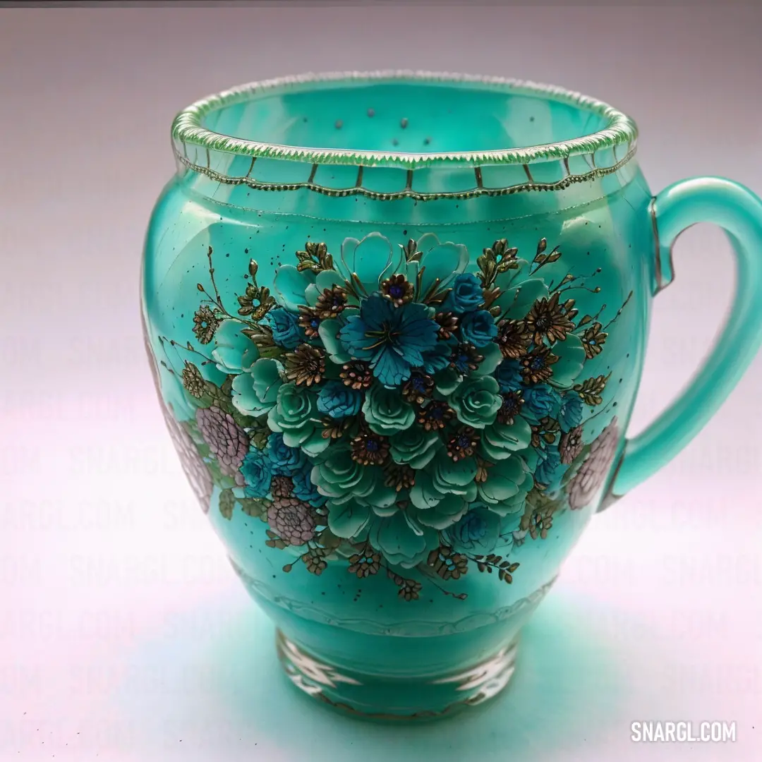 Blue vase with flowers painted on it's sides and a handle on the side of the vase. Example of RGB 0,122,123 color.