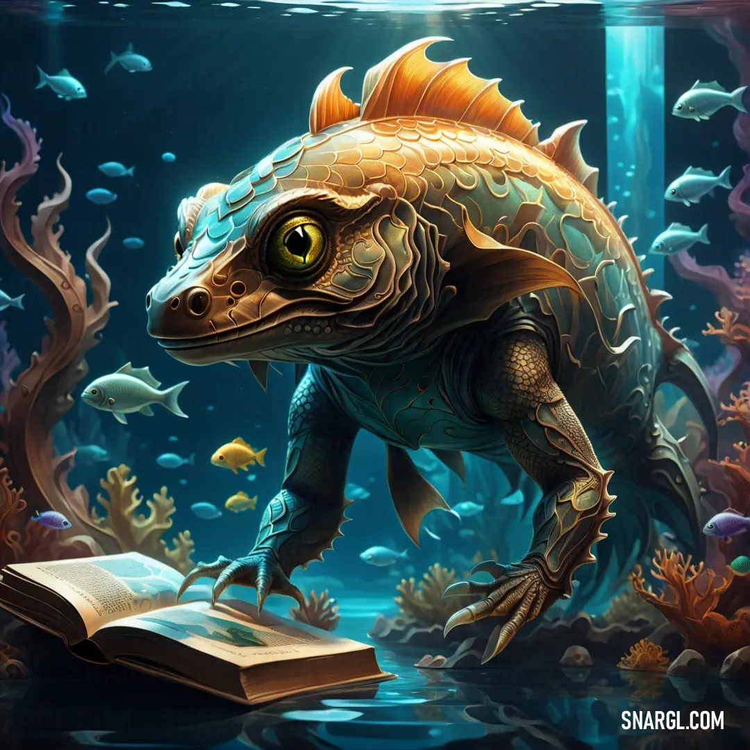 Large fish is standing on a book in the water and looking at it's surroundings with a book in its mouth. Color CMYK 97,9,39,34.