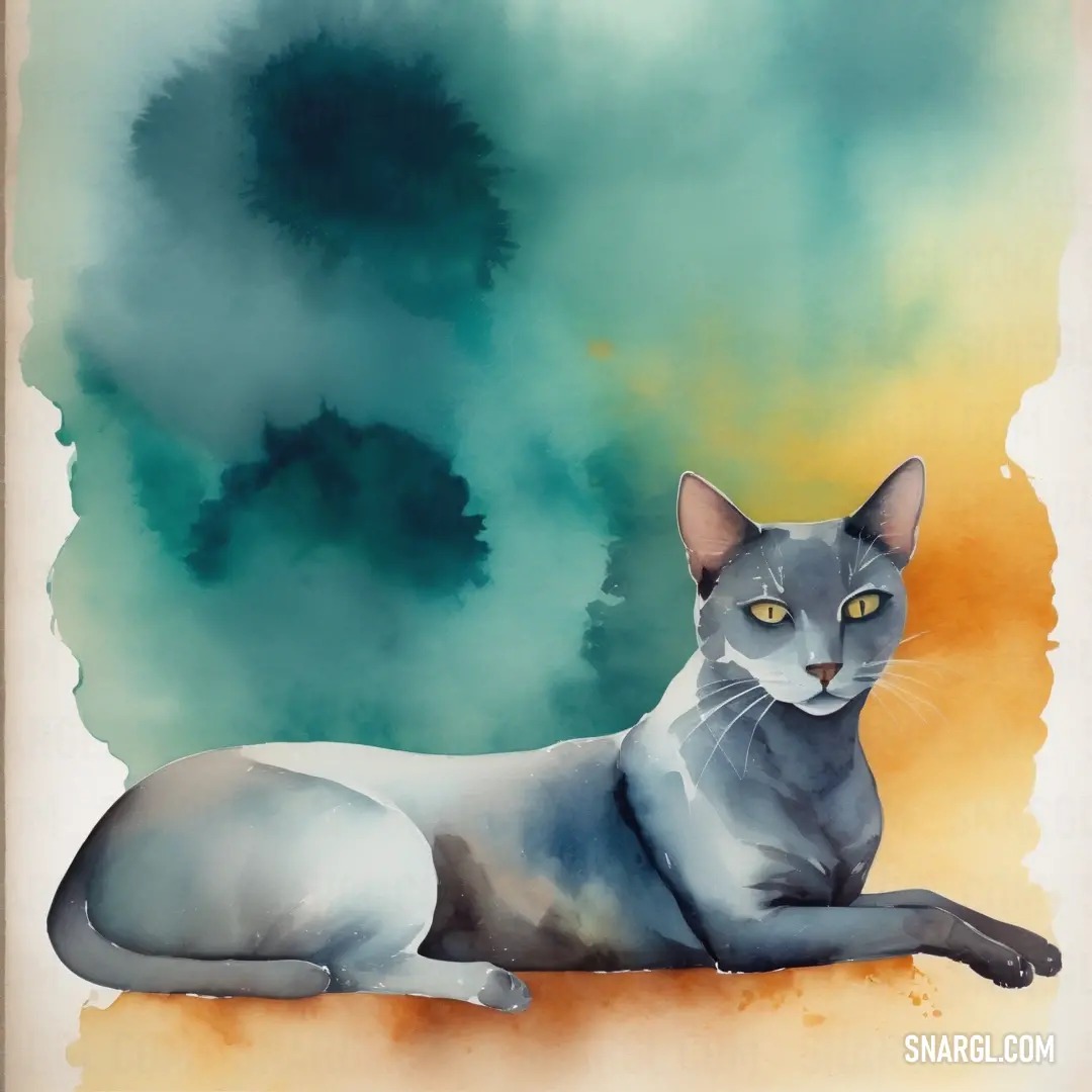 Painting of a cat laying down on a floor with a green background. Color CMYK 97,9,39,34.