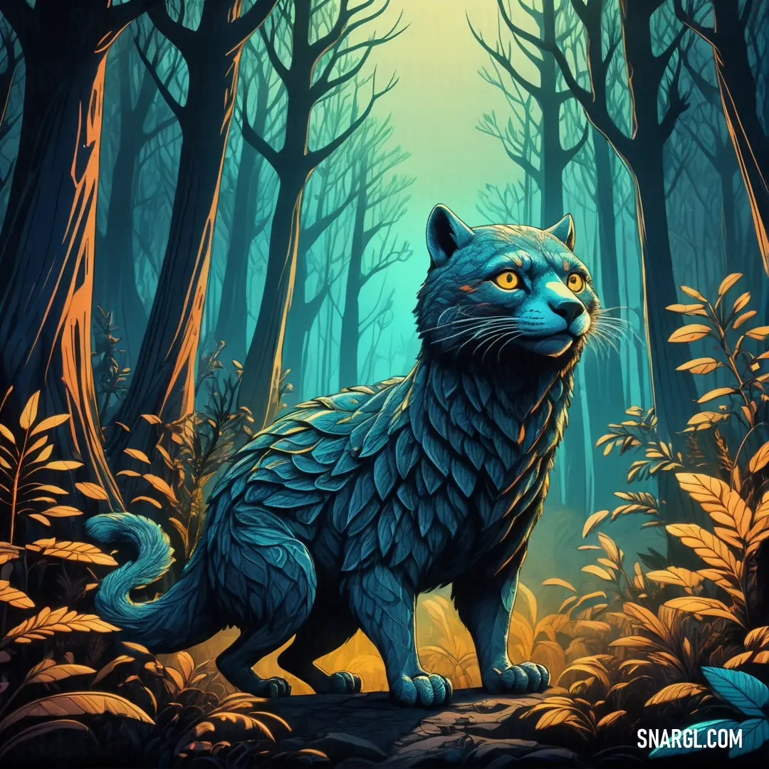 Painting of a cat in a forest with trees and bushes at night time with a bright yellow light. Example of PANTONE 322 color.