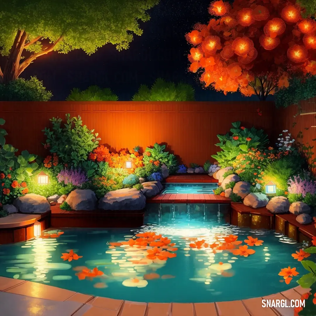 Painting of a garden with a pond and a lit up fire pit at night time with flowers and trees. Example of PANTONE 322 color.