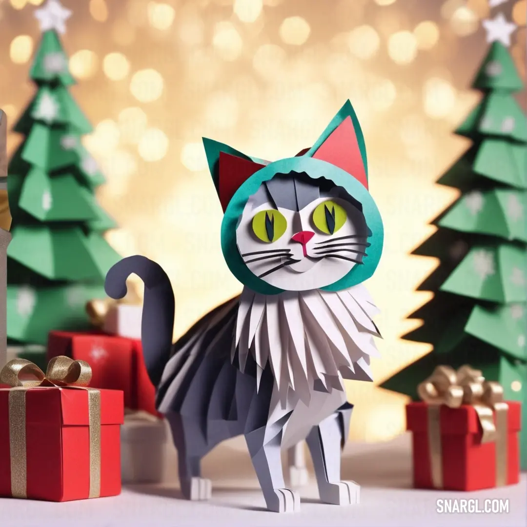 Paper cat with a christmas tree in the background. Color CMYK 97,9,39,34.