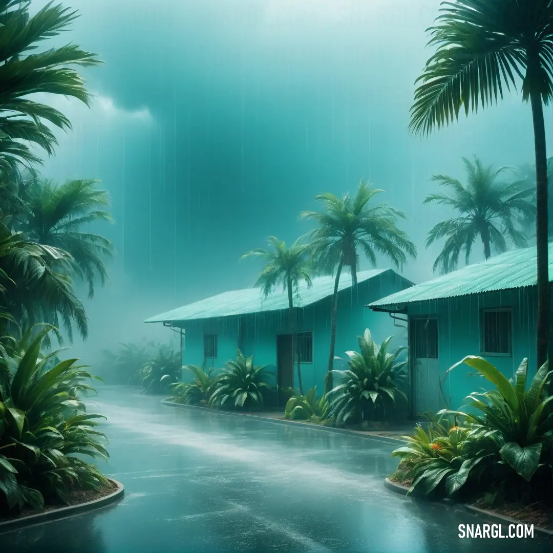 Tropical scene with a house and palm trees in the rain and a wet road leading to it with a stop sign. Example of #007A7B color.