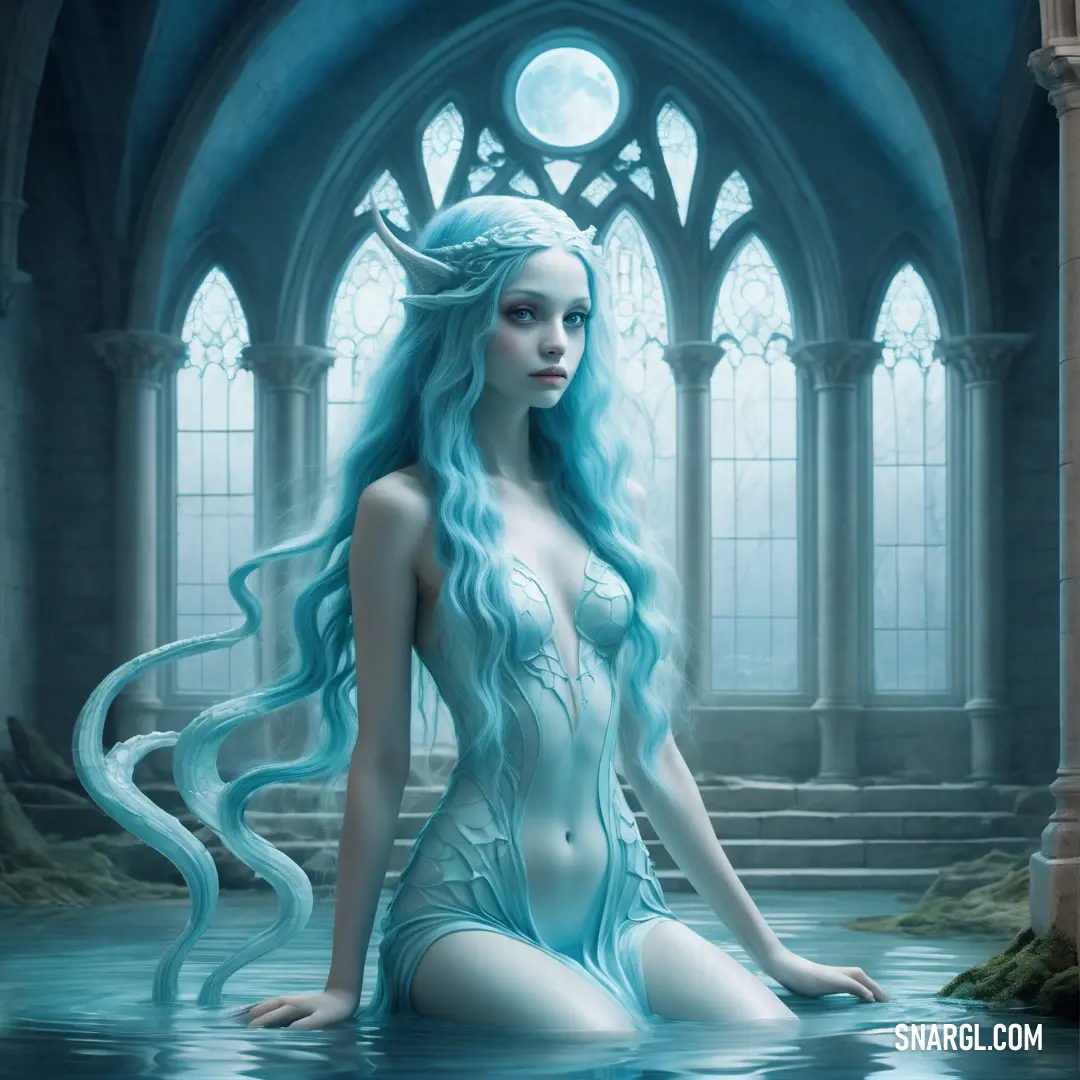 PANTONE 322 color. Woman with long blue hair in water next to a window with a dragon like head on it