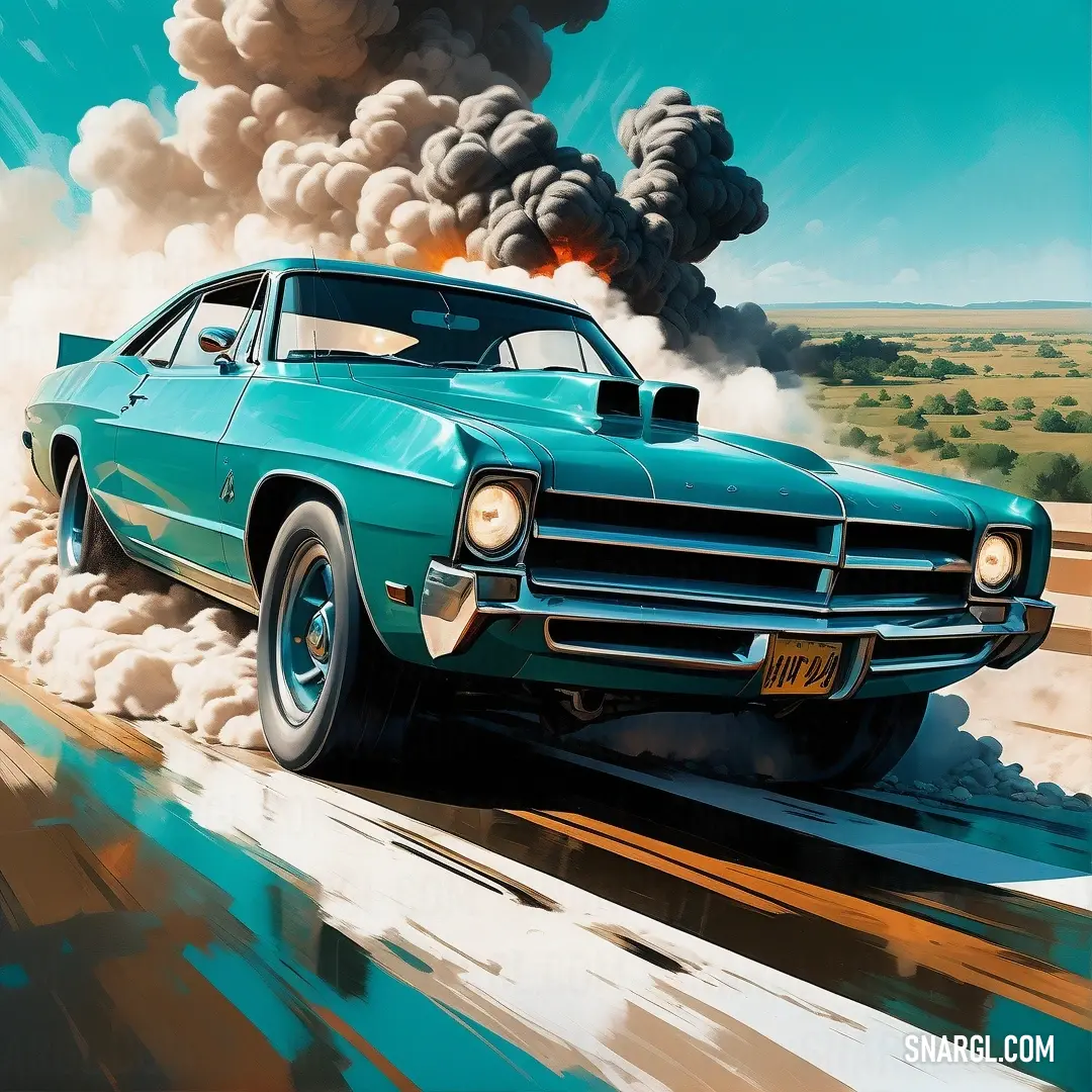Painting of a car on a road with a lot of smoke coming out of it's back. Example of PANTONE 323 color.