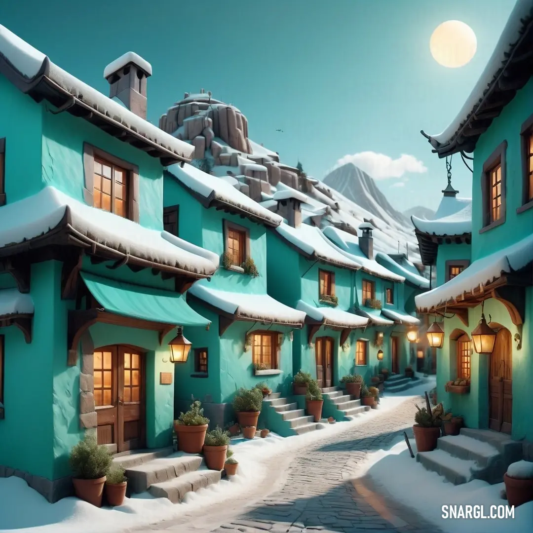 Snowy street with a row of houses on it and a full moon in the sky above them. Color PANTONE 323.