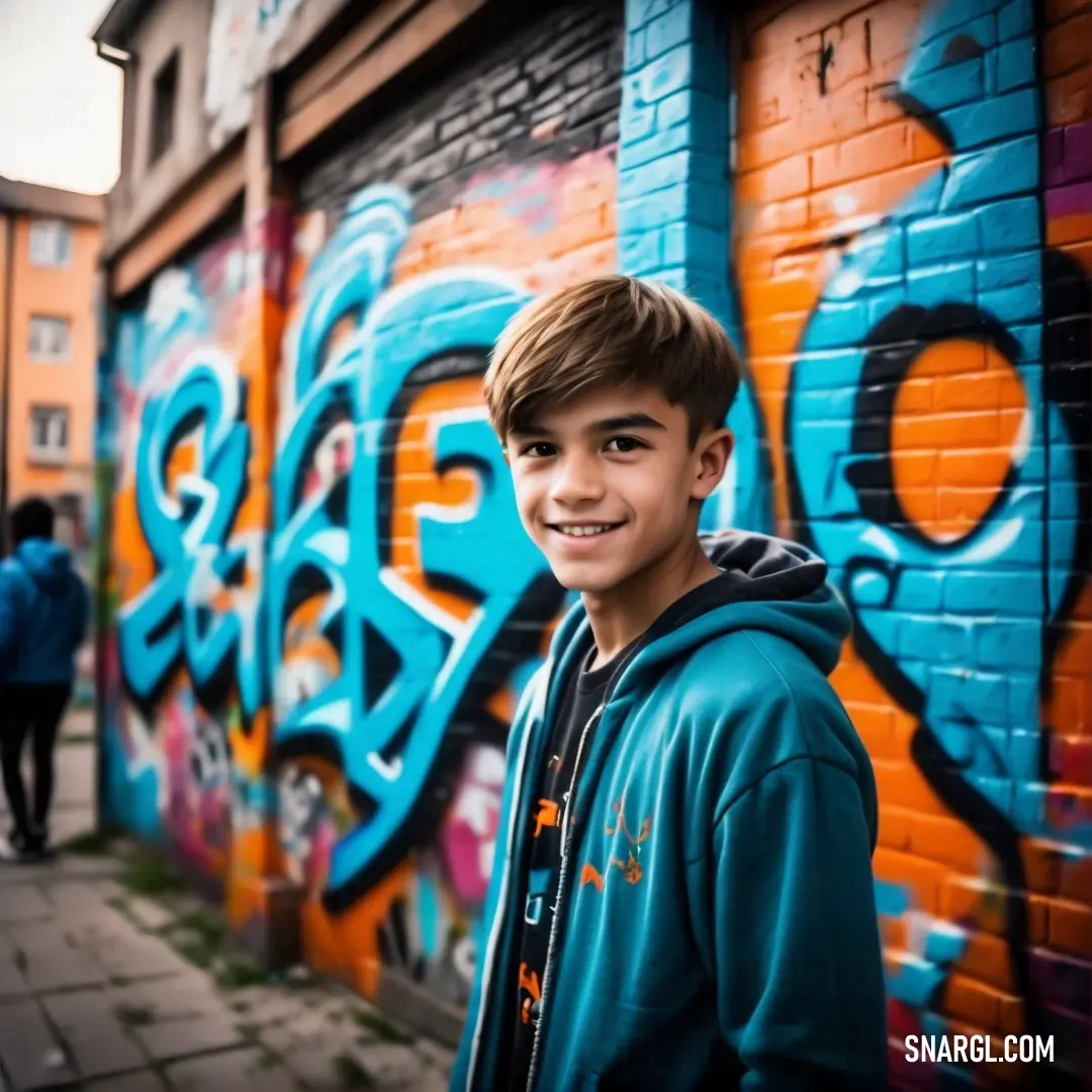 PANTONE 323 color example: Young boy standing in front of a graffiti covered wall with a smile on his face and a blue hoodie