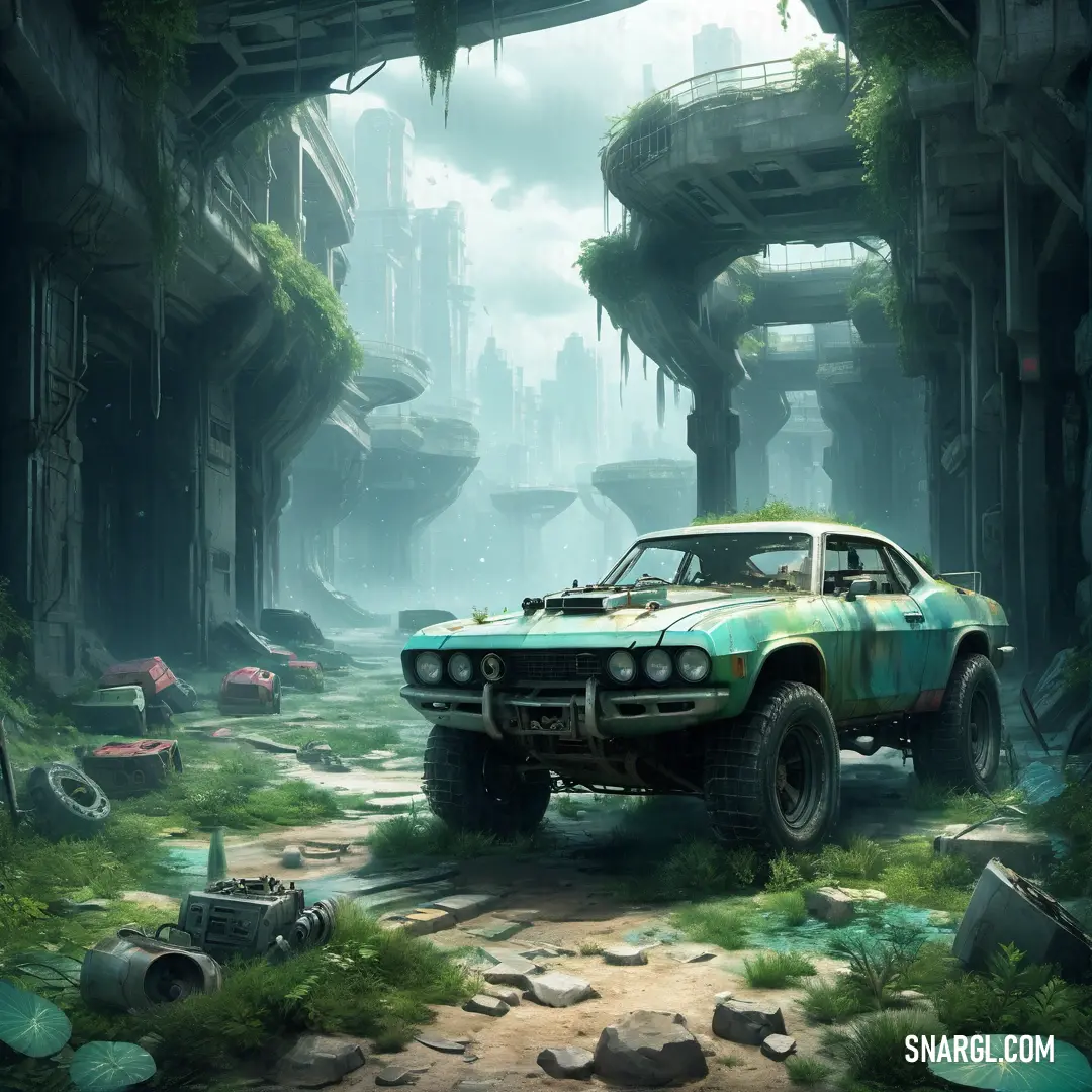 Car parked in a dirty area with a lot of plants and rocks on the ground and a building in the background. Example of #B1D8D5 color.