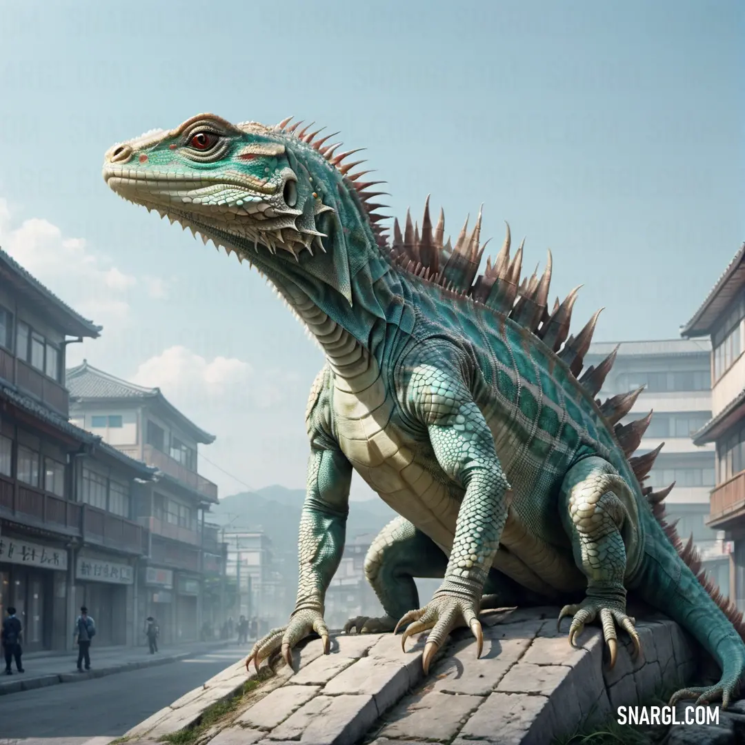 Large lizard statue on top of a stone wall next to a street with buildings in the background. Example of CMYK 35,0,14,0 color.