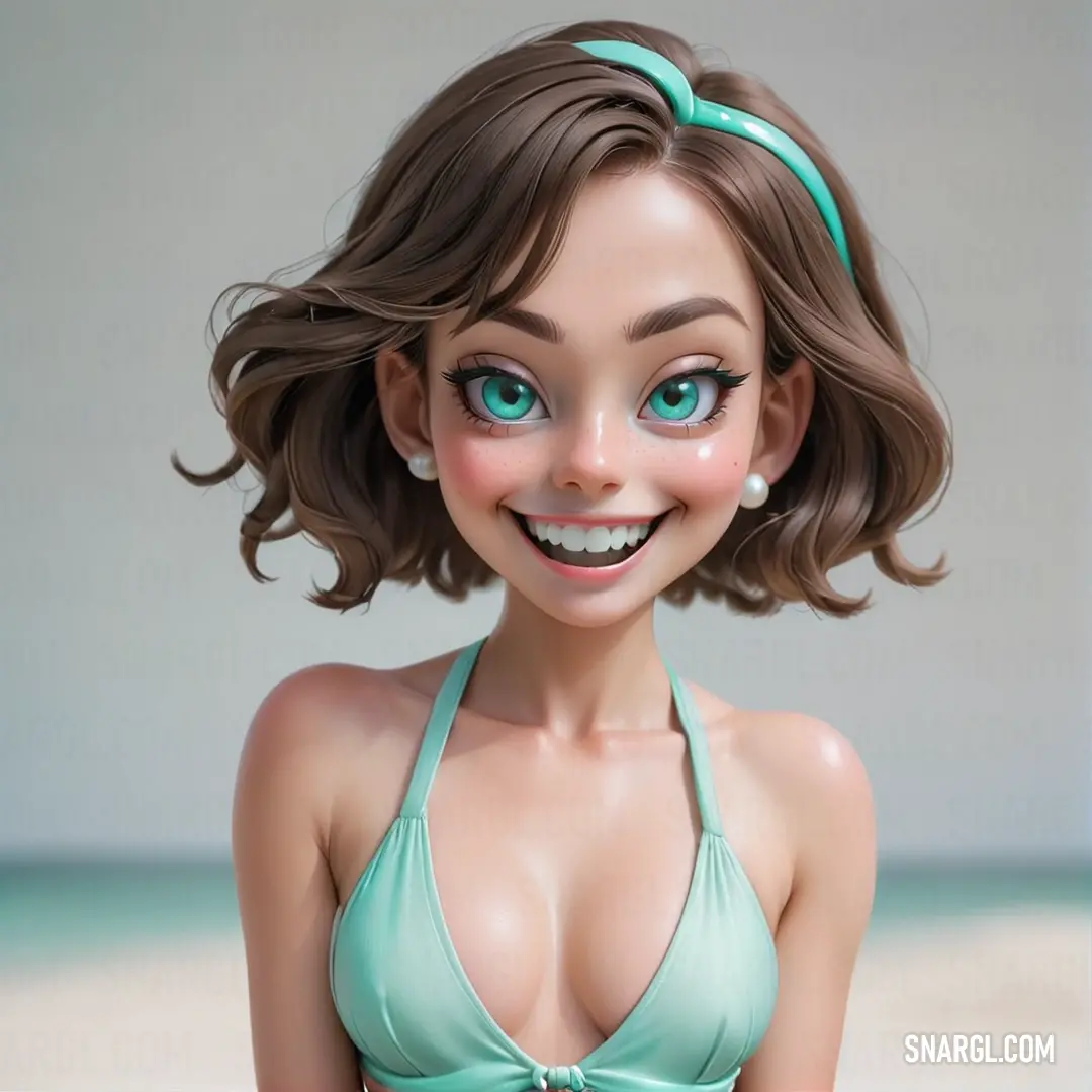 PANTONE 3242 color. Cartoon girl with a green bikini top and a smile on her face and chest