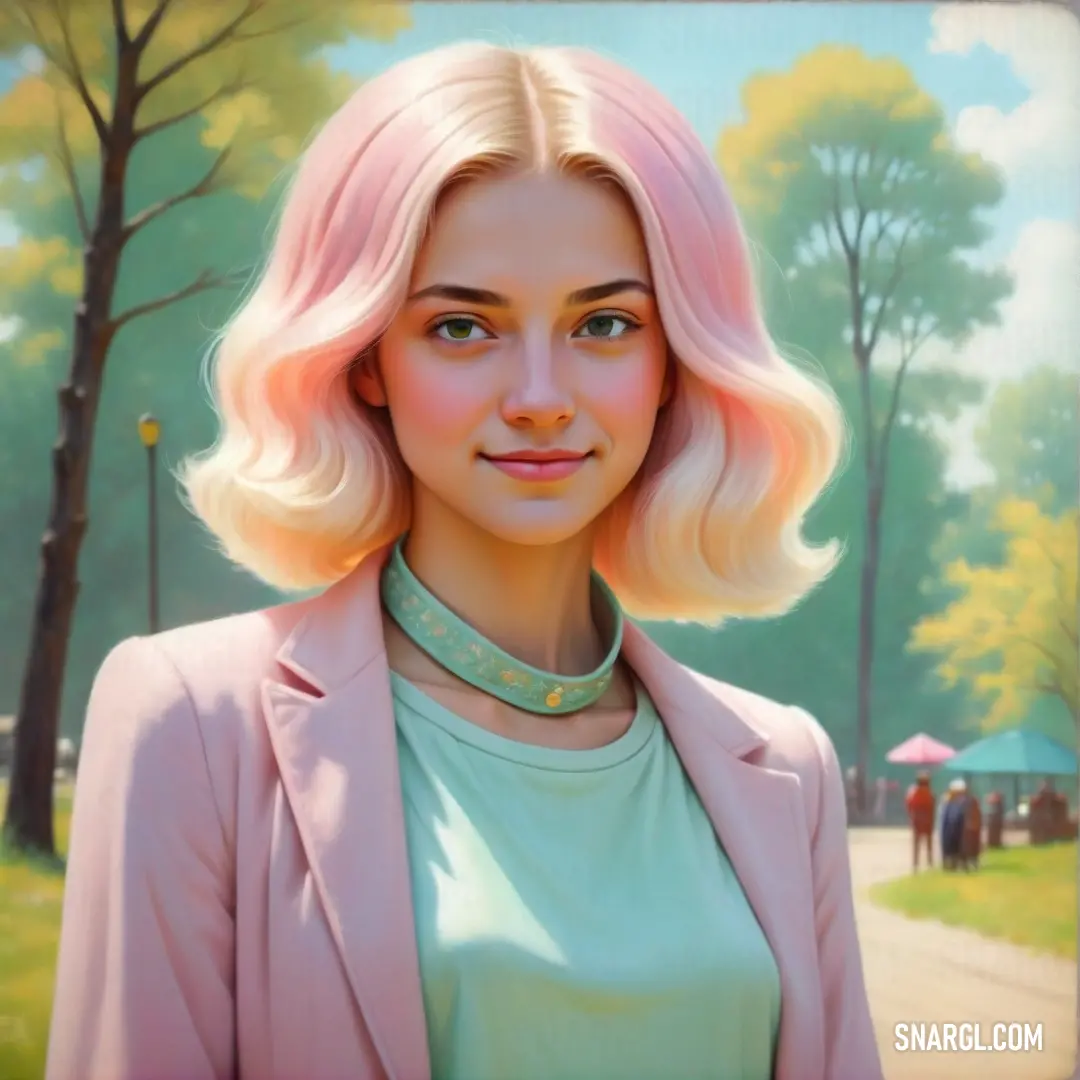 Painting of a woman with blonde hair and a pink jacket on a street with people walking by and trees. Example of RGB 159,210,203 color.