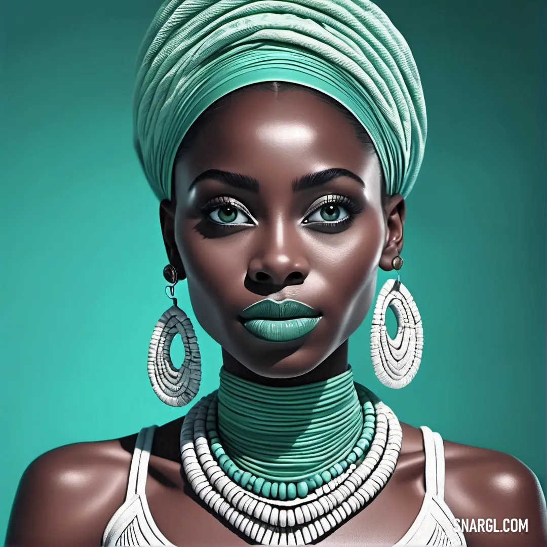 PANTONE 3245 color. Woman with a green turban and earrings on her head