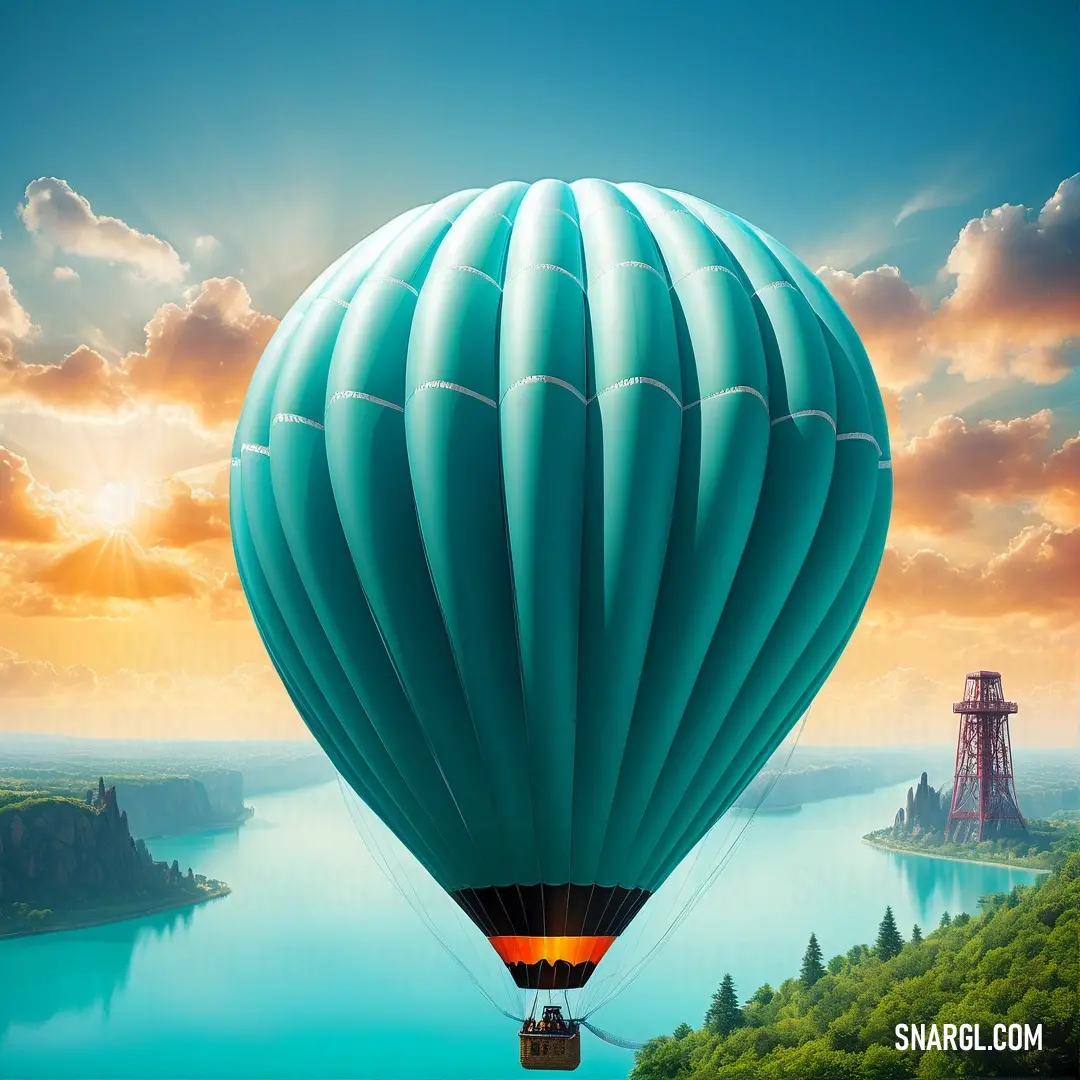 Hot air balloon flying over a lake with a tower in the background. Color #96D0C8.