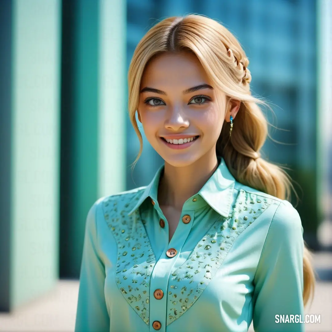 Woman with a braid in a blouse smiling at the camera with a building in the background. Color PANTONE 3248.