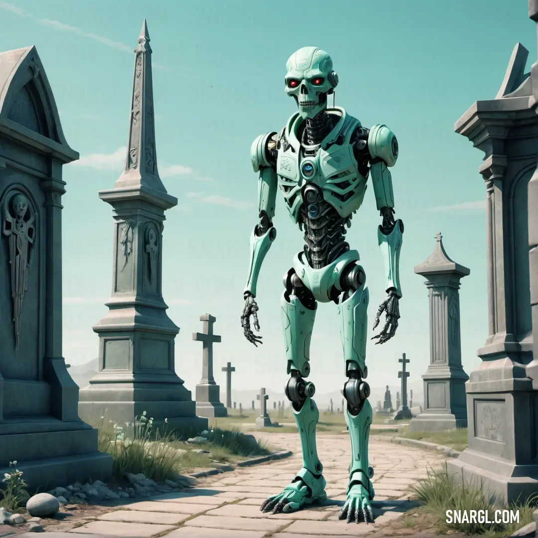 Robot standing in a cemetery with a cross in the background. Example of PANTONE 3252 color.