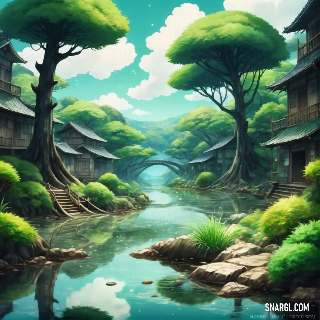 Painting of a river running through a lush green forest with houses on either side of it. Example of #8CC9BF color.