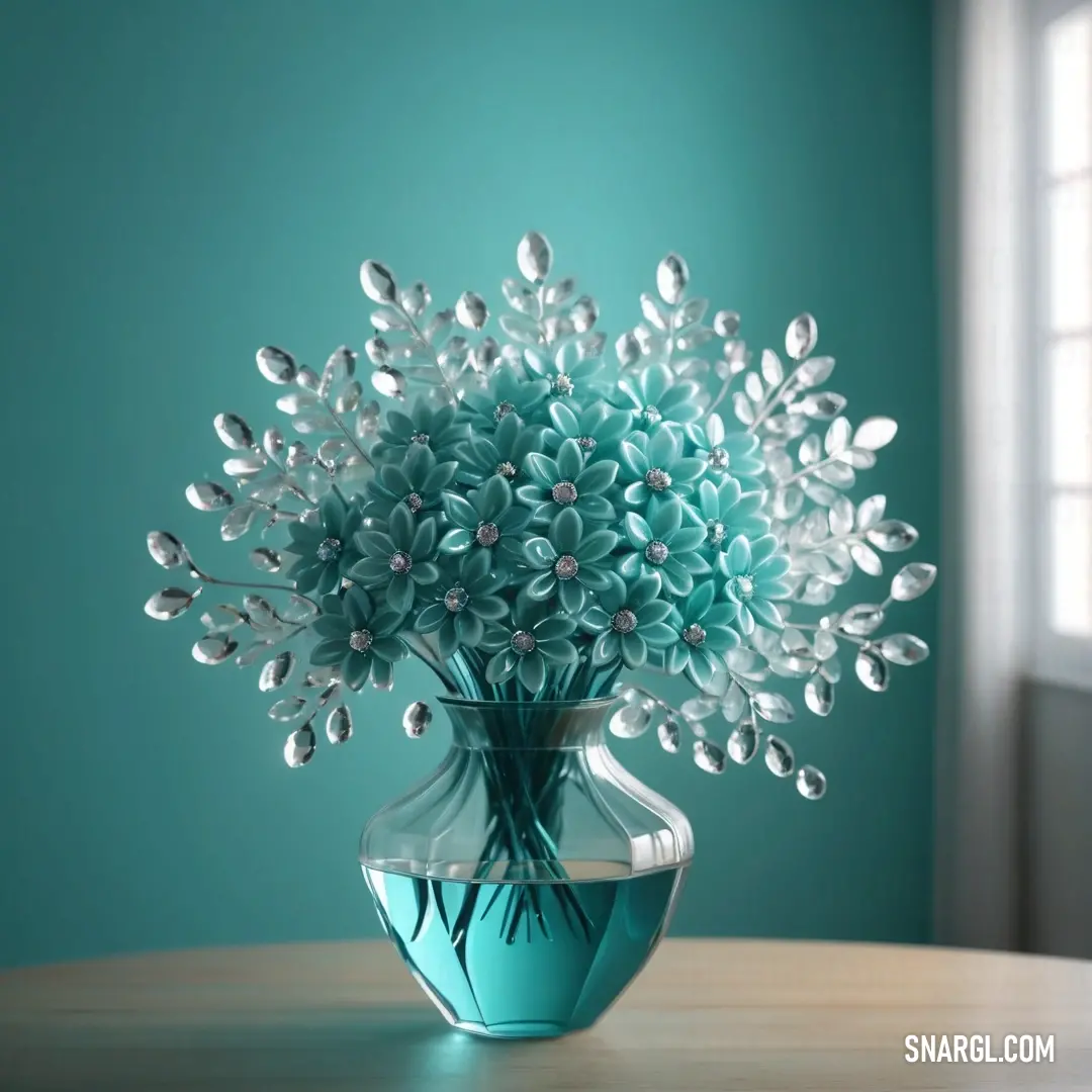 Vase with flowers in it on a table in front of a window with a blue wall behind it. Example of RGB 140,201,191 color.