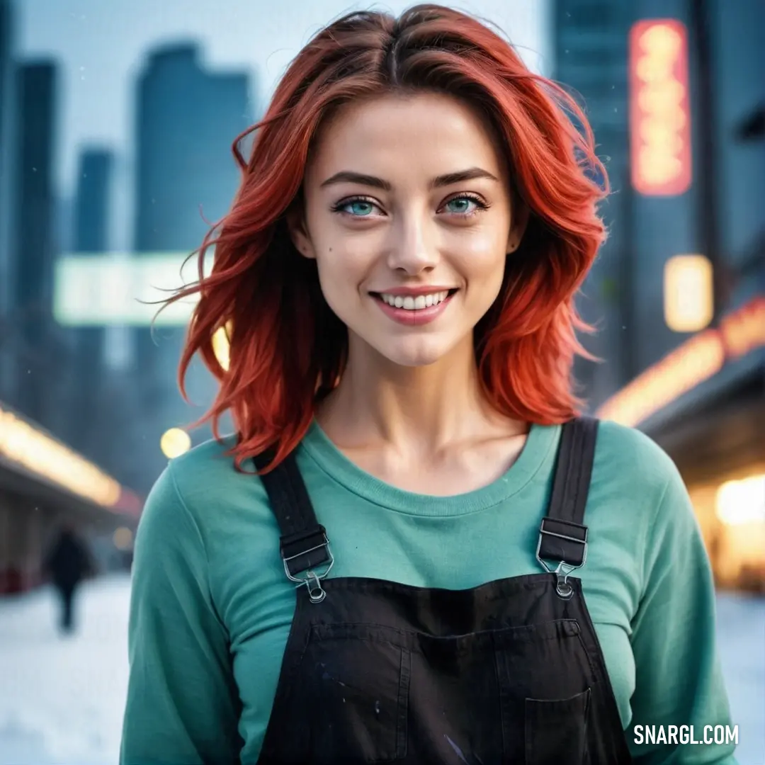 Woman with red hair and a green shirt is smiling at the camera with a city in the background. Example of CMYK 59,0,30,0 color.