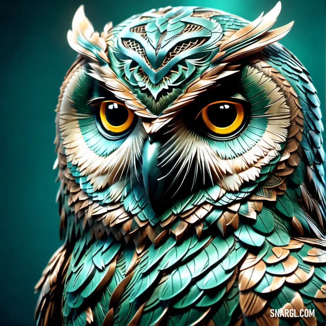 Close up of a colorful owl statue with yellow eyes and a blue background