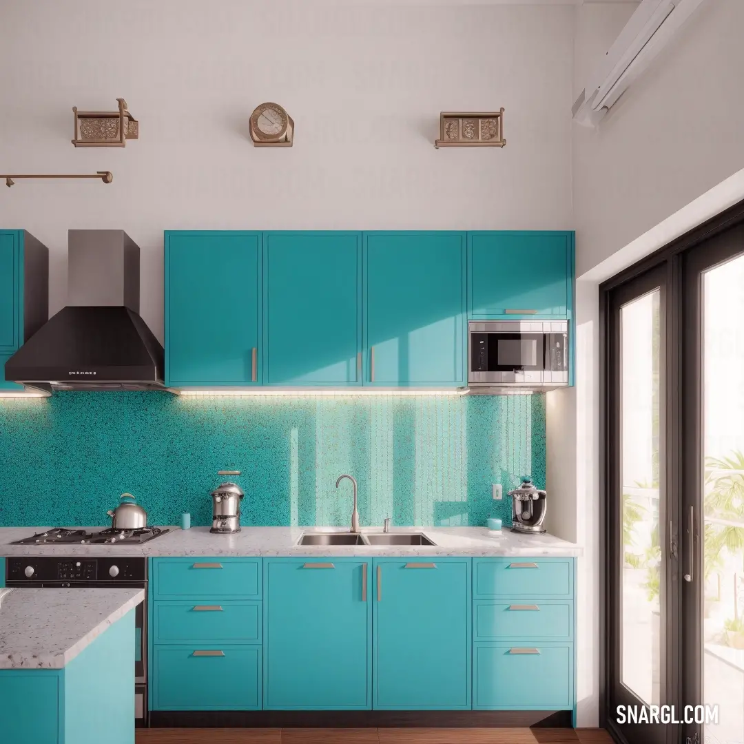 Kitchen with a stove. Color PANTONE 326.