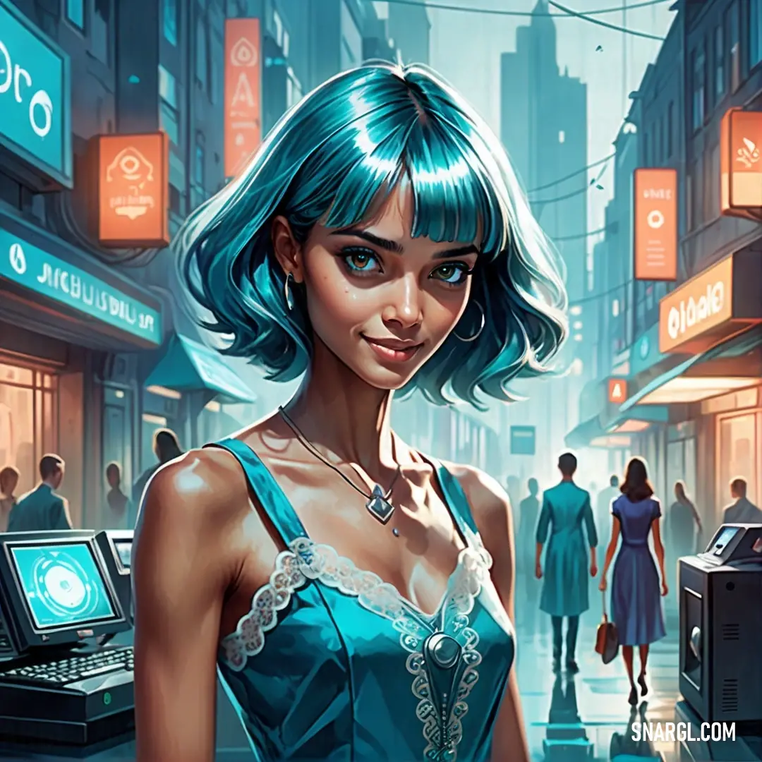 Woman in a blue dress standing in a city street with a man in the background and a woman in a blue dress. Color #2FB2AB.