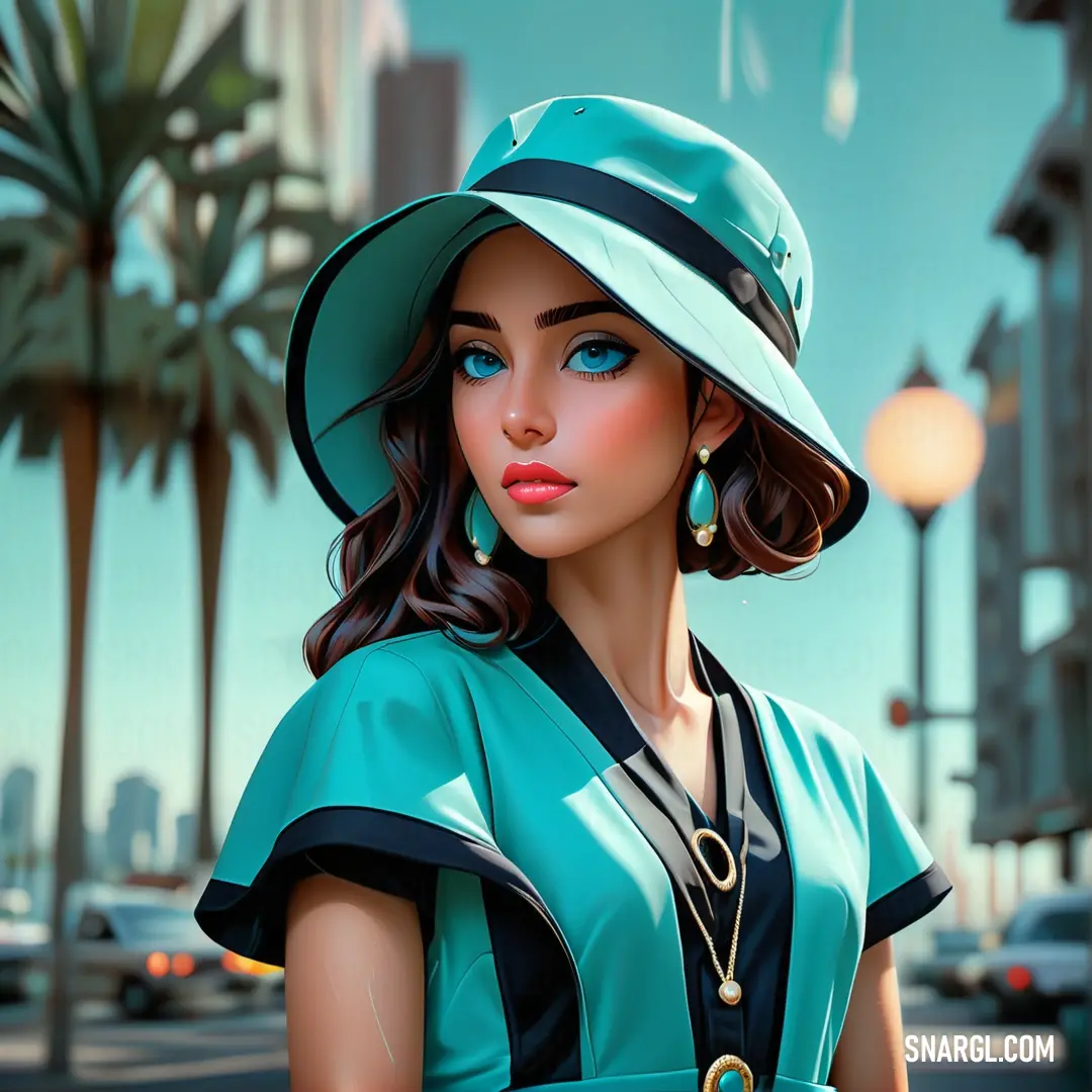 Woman in a green dress and hat standing on a street corner with palm trees in the background and a city skyline