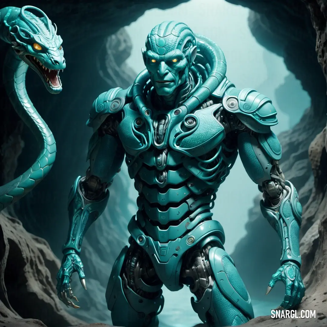 Blue creature with a large head and a large body of armor and a snake in a cave with a light blue background. Example of PANTONE 3262 color.
