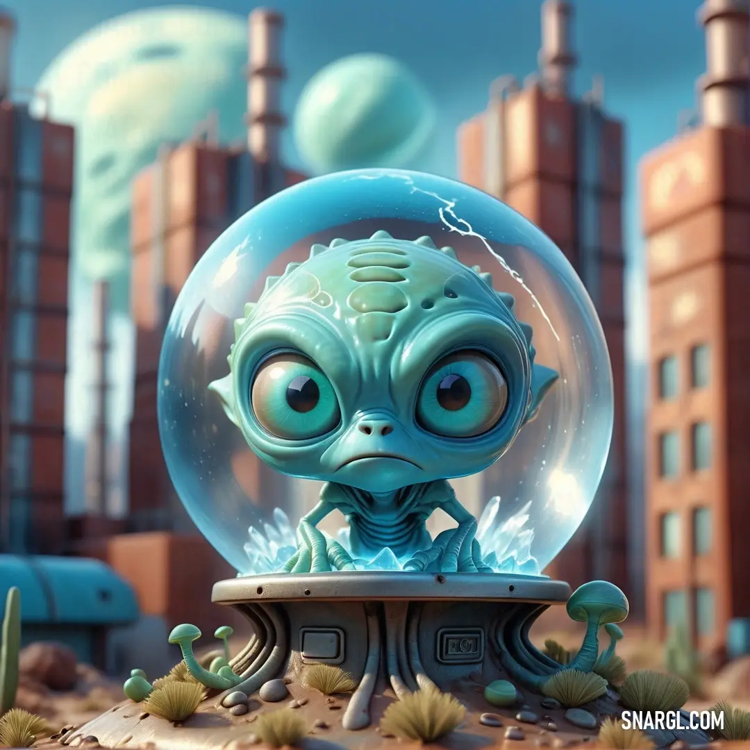 PANTONE 3262 color. Cartoon character is inside a glass ball with a strange face and eyes
