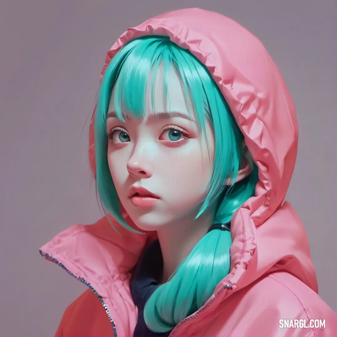Woman with blue hair wearing a pink jacket and a pink hoodie with a green ponytail and a pink jacket. Example of #4AB7AE color.