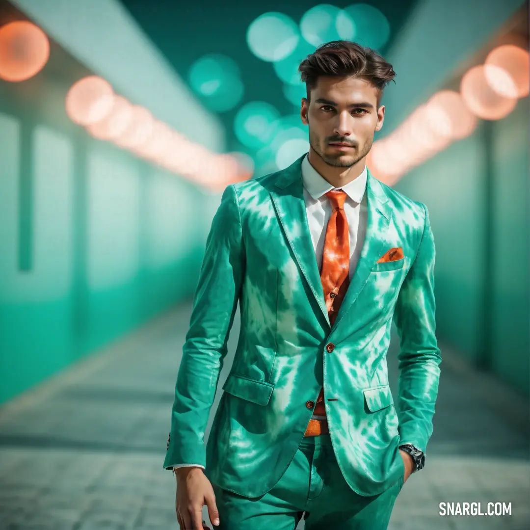 Man in a suit and tie walking down a hallway with lights on the ceiling behind him and a green wall. Color CMYK 66,0,39,0.
